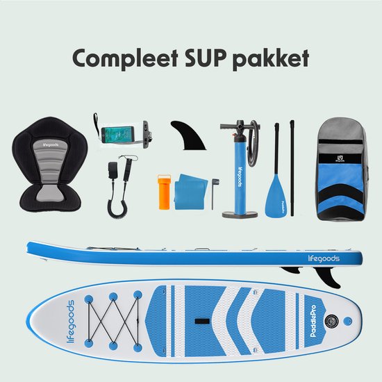 LifeGoods PaddlePro SUP Board - met Zitje - Opblaasbaar Paddle Board - Complete Set - Max. 135KG - 320x81cm - Wit/Sky Blue