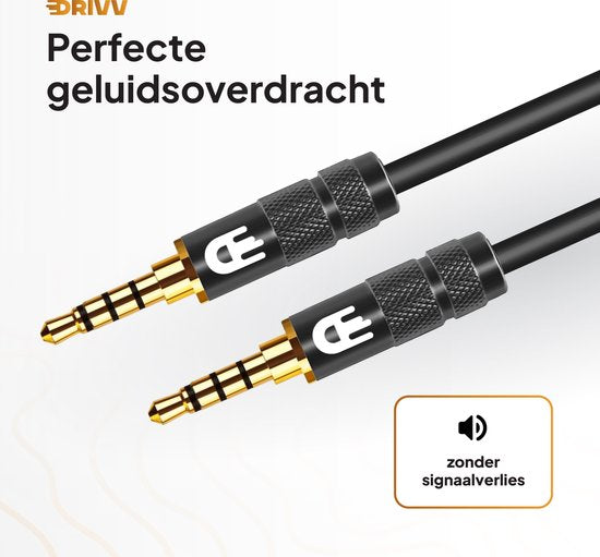 Drivv. AUX Kabel 3.5 mm - Jack naar Jack - 4 Polige Audio Kabel - Verguld - Male naar Male - PVC - Zwart - 2 meter