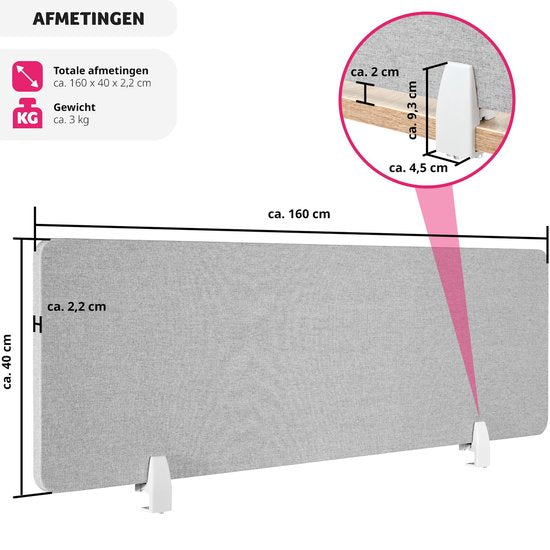tectake® Bureauscherm scheidingswand Noisy - Met geluidsabsorberende PET-kern - Inclusief 2 bevestigingsklemmen - Afmeting (LxB) 160 x 40 cm - Grijs