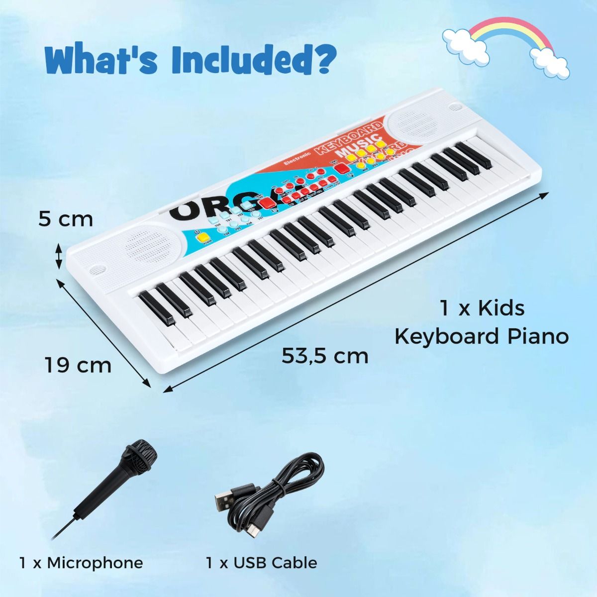 Coast Kinderkeyboard - 49 toetsen - draagbaar elektrisch keyboard - 8 ritmes - wit