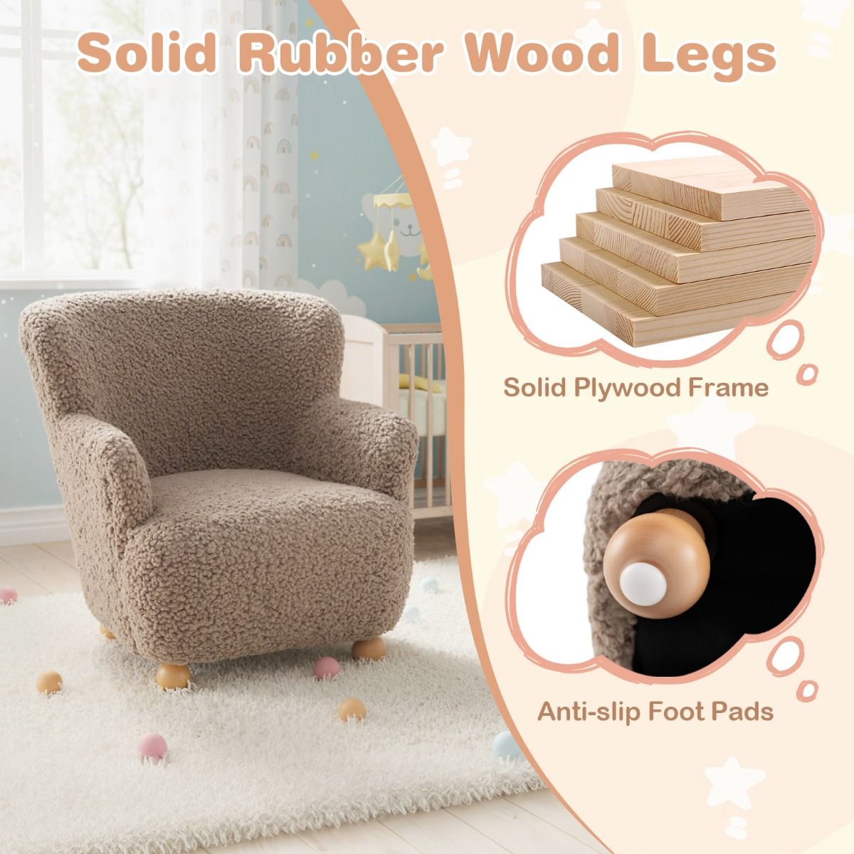 Coast Kinderfauteuil met rugleuning - houten poten - gestoffeerde kinderstoel - lichtbruin
