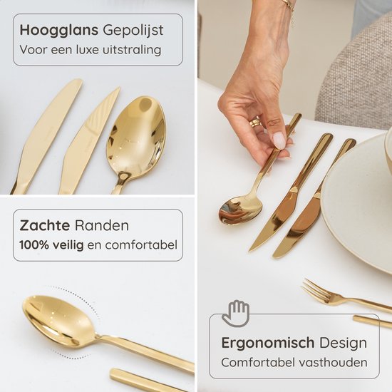 Deleca 6 Persoons Luxe RVS Bestekset Amor (36-delig) - Lepels, Messen, Vorken, Steakmessen & Gebaksvorkjes - Vaatwasserbestendig - Goud Design Bestek - 18/0 Edelstaal