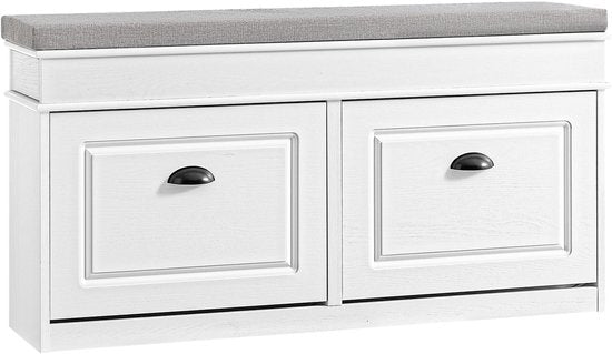SoBuy FSR64-WG Schoenenkast, schoenenbank, schoenen, entree, 2 kleppen met afneembaar kussen, opbergdoos, rek voor smalle entree, 104 x 24 x 51 cm, antiek houteffect, wit