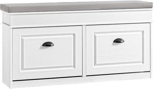 SoBuy FSR64-WG Schoenenkast, schoenenbank, schoenen, entree, 2 kleppen met afneembaar kussen, opbergdoos, rek voor smalle entree, 104 x 24 x 51 cm, antiek houteffect, wit