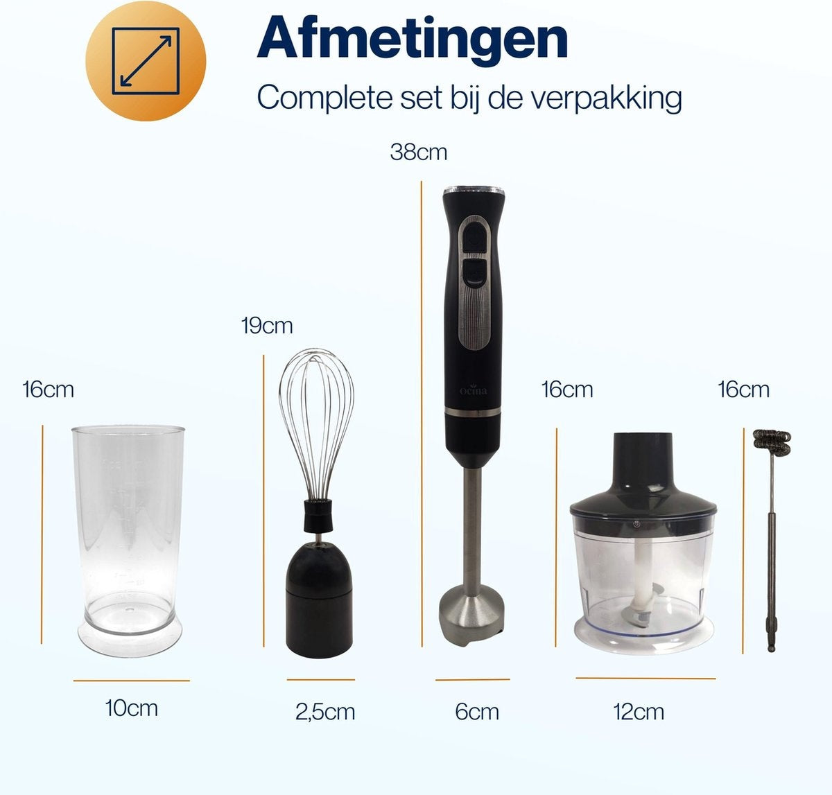 Ocina Staafmixer Set - 5-in-1 Mixer met Hakmolen - 800W - 600ML - RVS/Zwart