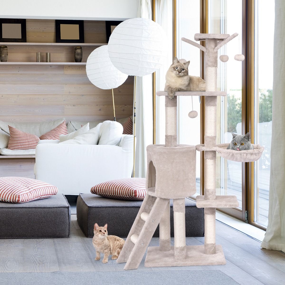 Coast Krabpaal voor katten - 6 verdiepingen - sisalpalen en pluche bekleding - beige - 93 x 36 x 140 cm