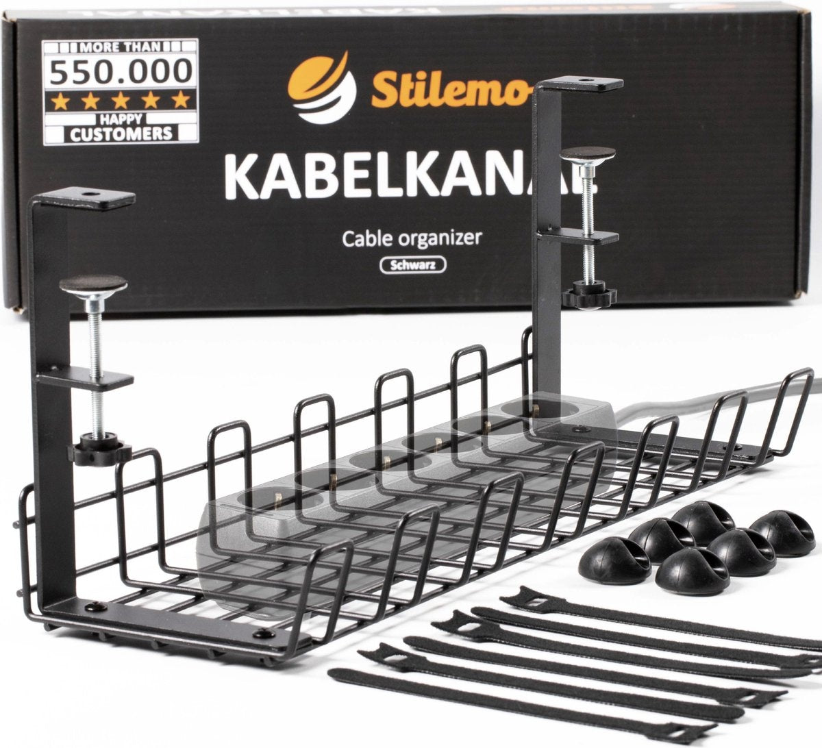 Stilemo Kabelgoot Bureau Klemmen - Cable Management - Kabelhouder Zonder Boren Monteren - Kabelbox 38 CM Zelfklevend met Klemmen - Kabel Organiser onder Bureau 4.5 KG Draagkracht - Zwart