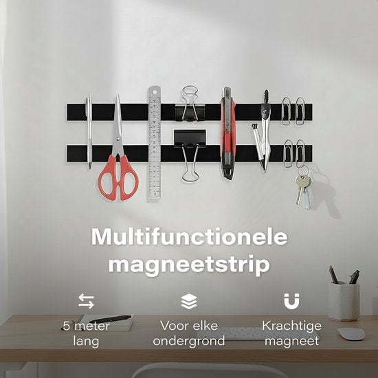 Magnetische Zelfklevend - 5 meter rol - 2cm breed - 2mm dik - EXTRA sterk - Gereedschap - Messen - Magneten - Magneetband - Magnetische - Whiteboard - Tape zwart - 3m - Plakstrips - Magneettape