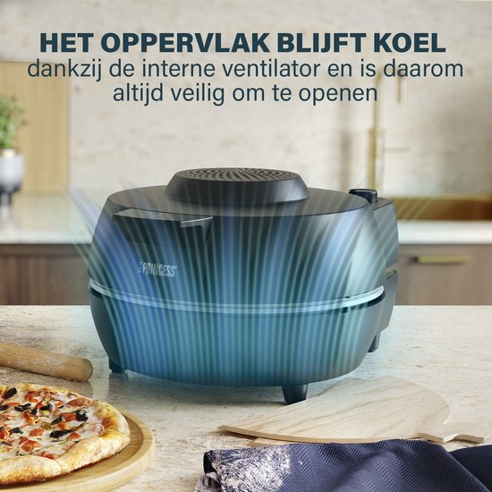 Princess 115005 Pizzaoven - Pizzamaker en oven - Regelbare thermostaat en timer - 1200W - Keramische pizzasteen - 410 graden - diameter 30cm - Zwart