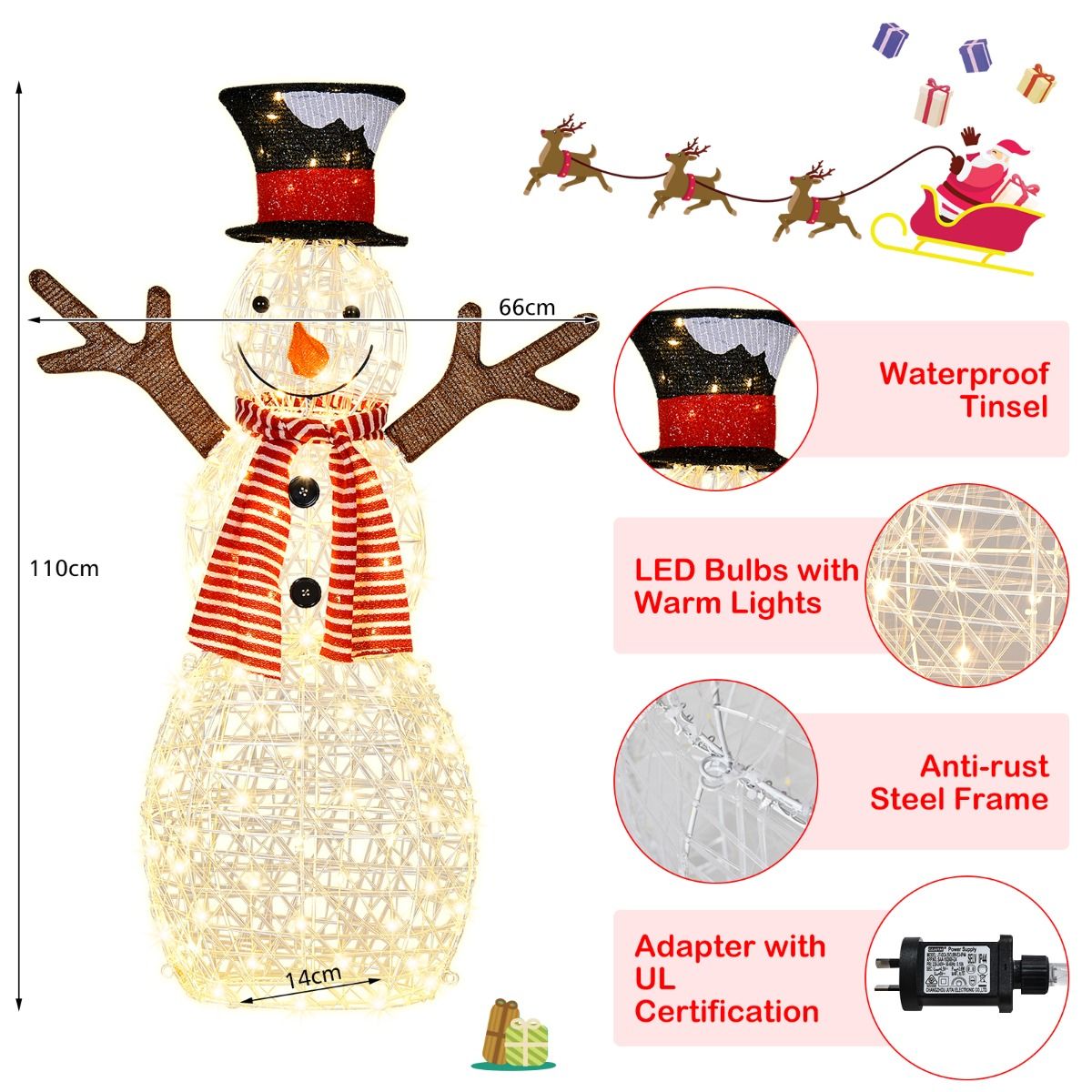 Coast Verlichte Sneeuwpop - 80 LED-lampjes - Inclusief grondpennen en kabelbinders - 66 x 14 x 110 cm