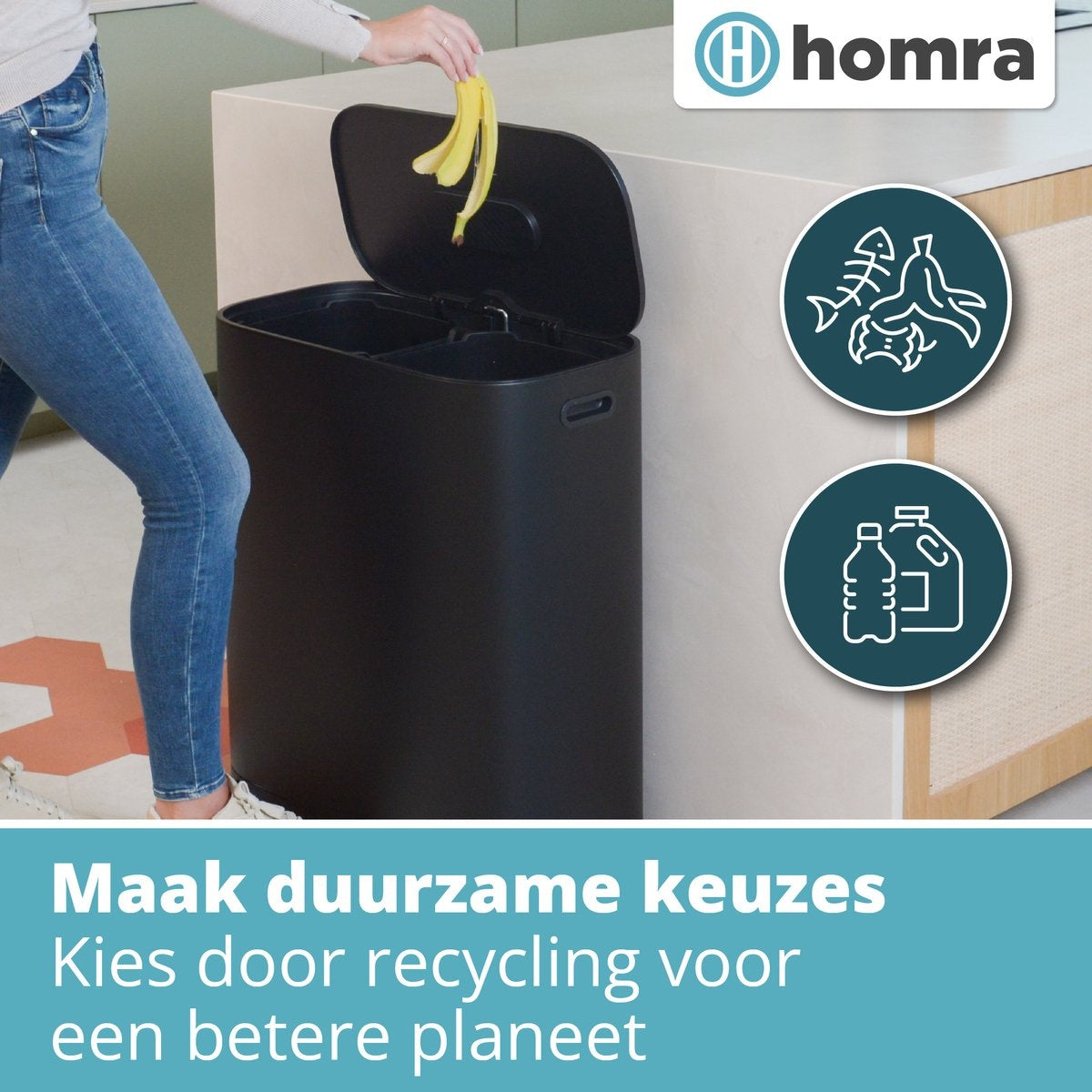 Homra Prullenbak – 2 Vakken & Geurfilter – 60L (2x30L) – 58 x 37 x 68,5 cm – Mat Zwart