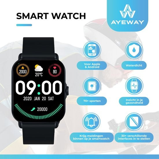 AyeWay Smartwatch - Waterdicht & Touchscreen - 70 Sportmodes - Met App - Smartwatch Heren & Dames - Zwart