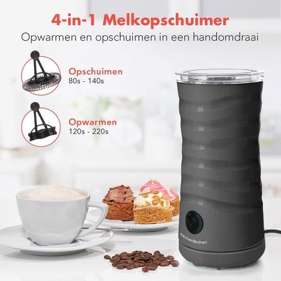 KitchenBrothers Elektrische Melkopschuimer - 4-in-1 - 240 ML - Handige Melkschuimer - Antraciet