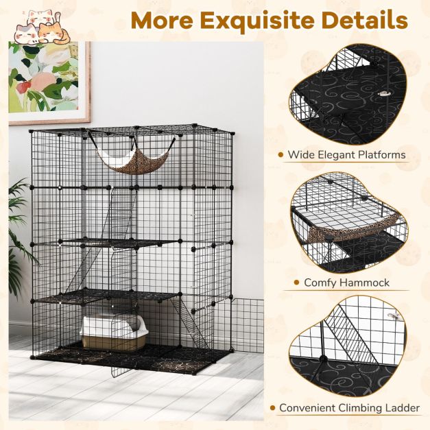 Ruime 4-laagse kattenkooi 143 cm hoog – Zwarte metalen draadkooi met hangmat, plateaus en ladders voor katten en kleine huisdieren