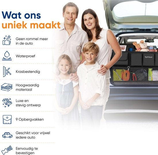 TenTravel Kofferbak Organizer - Auto Organizer Kofferbak - Autostoel Organizer - Waterproef en Krasbestendig - Met 9 Opbergvakken