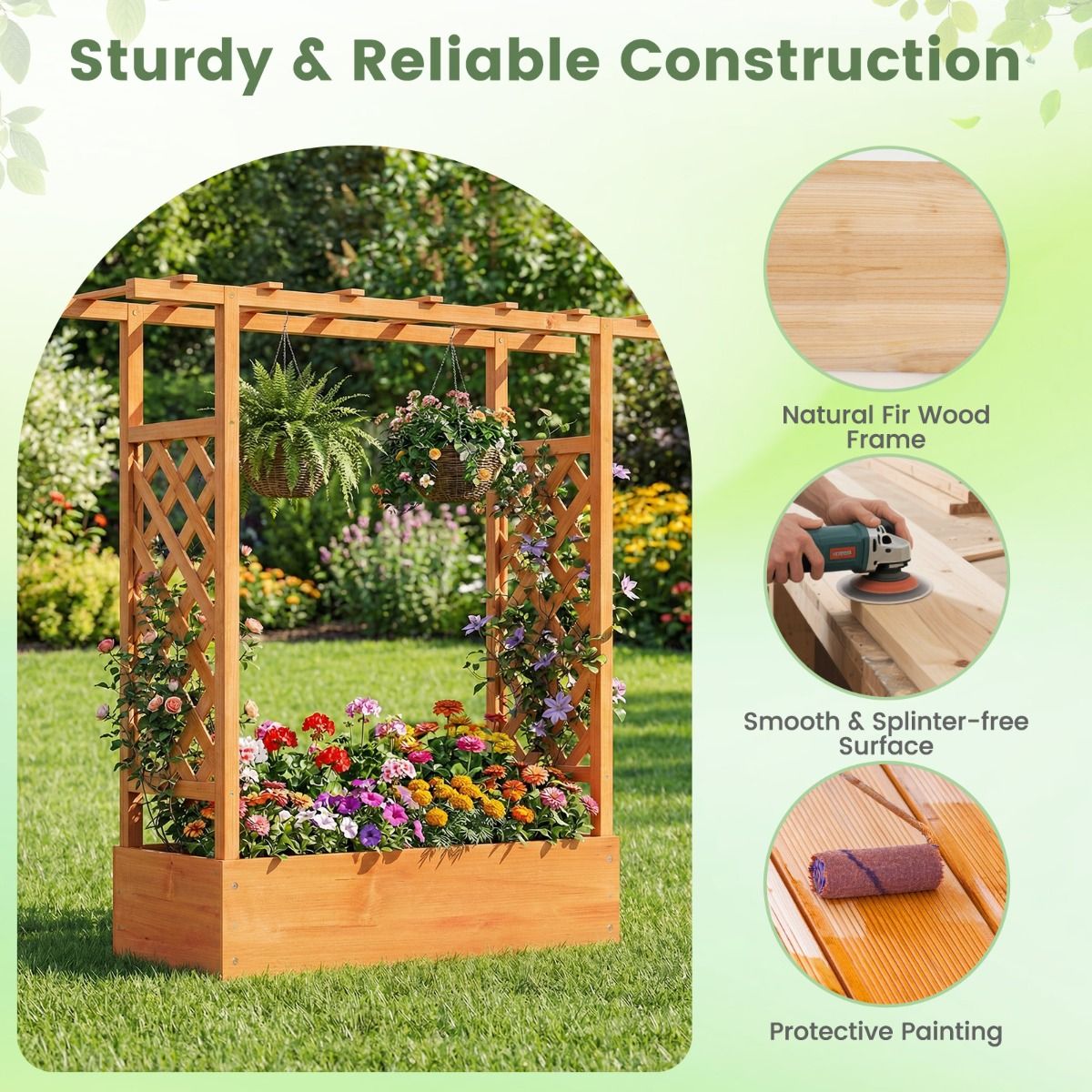 Coast Verhoogde Houten Plantenbak - Latwerk en Hangend Dak - Afwateringsgaten - Naturel/Oranje - 110 x 35 x 114 cm