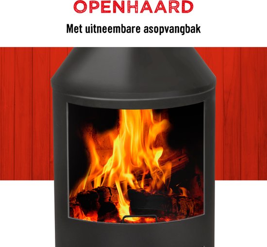 BBQ Collection Buitenhaard met Schoorsteen - Tuinhaard 134 x 44,5 x 44,5 cm - Terrashaard voor Brandhout - Terraskachel met As-Opvangbak, Pook en Houtopslag - Tuin en Terras - Carbon Staal