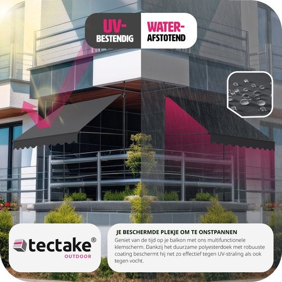 tectake - klemluifel - Zonnescherm – Zonneluifel - Verstelbaar - Klem-zonwering - Zonnescherm Balkon - 200 x 180 cm – zwartgrijs – zonwering - 404959