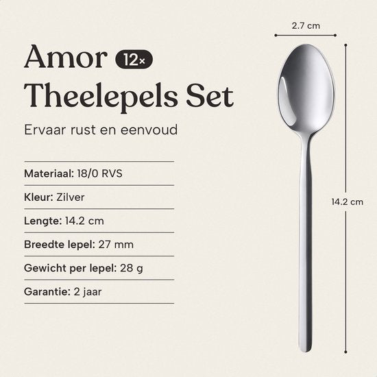 Deleca 12 stuks Theelepels Set Amor - Dessertlepels / Koffielepels - 14.2 cm - RVS / Zilver
