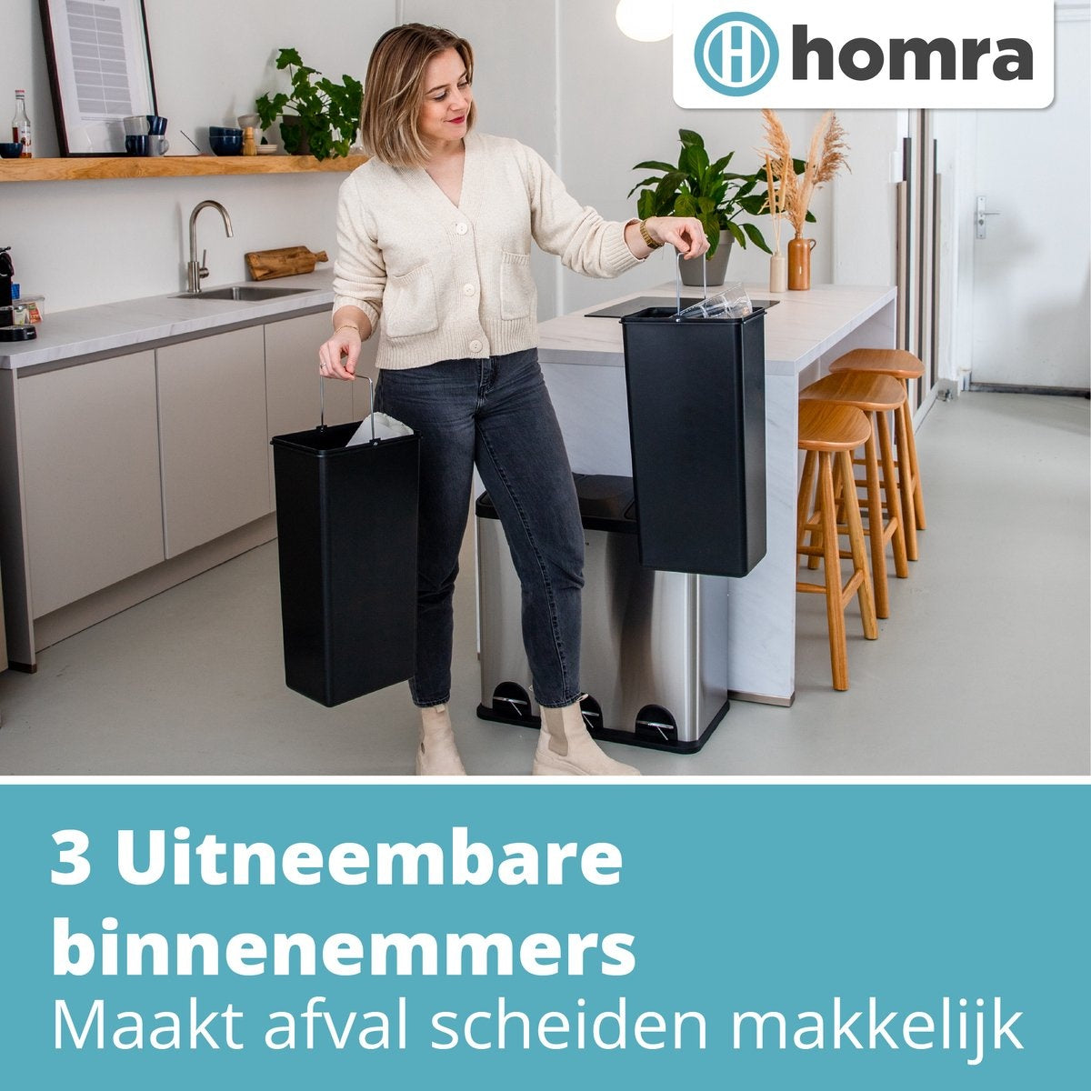Homra Maxer Pedaalemmer 60 Liter - RVS Prullenbak 3 vakken - Trio Prullenbak 3 X 20 Liter - Prullenbak Afvalscheiding - Vuilnisbak voor huishouden en kantoor - Recycle Vuilbak keuken Afvalemmer Zilver - Afvalscheidingsprullenbakken