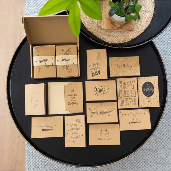 Partizzle 36x Duurzame Verjaardagskaarten met Envelop Set - Ansichtkaarten Versturen - Leuke Kraft Verjaardag Kaarten - Volwassenen - 15x10 cm