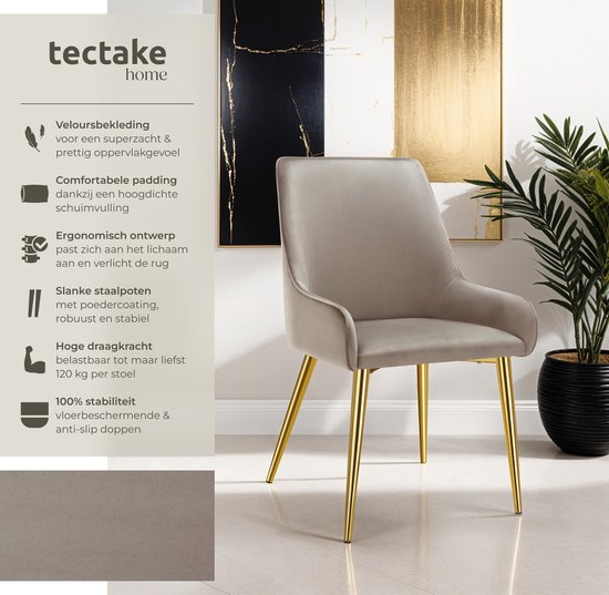 tectake® Eetkamerstoel Avane - Fluweeloptiek - Ergonomische gestoffeerde stoel met gouden stalen poten - Draagkracht 120 kg - Moderne eetkamer- en keukenstoel - Set van 2 - Taupe