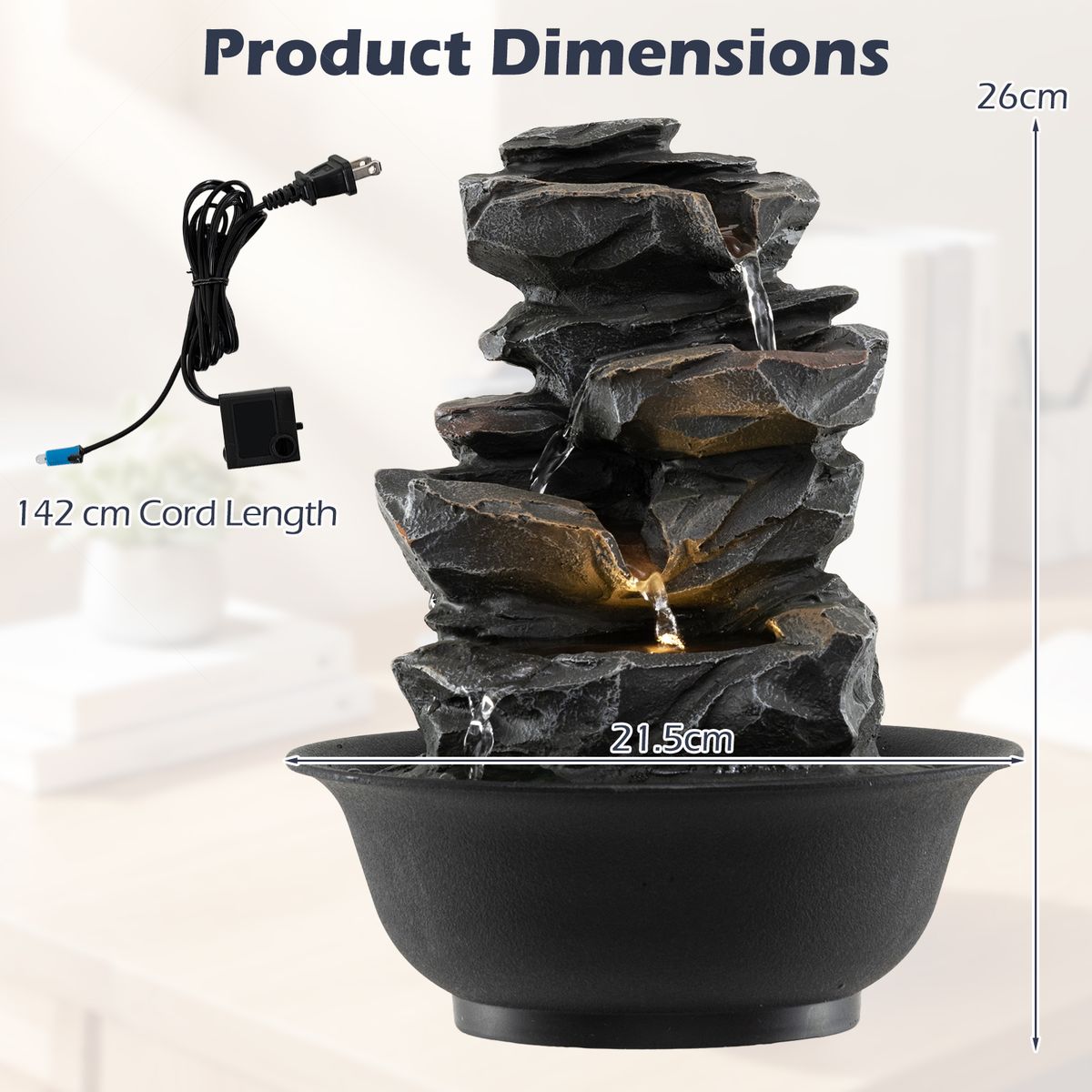 Coast Tafelwaterfontein - waterval met rotslook - LED-verlichting - zwart - 21,5 x 26 cm