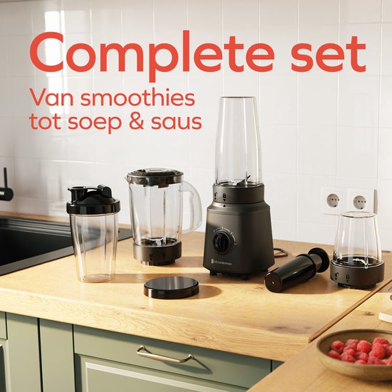 KitchenBrothers Blender - Complete Set - 2x 750ml Kan - Grinder - Stamper - To-Go Bekers - Zwart