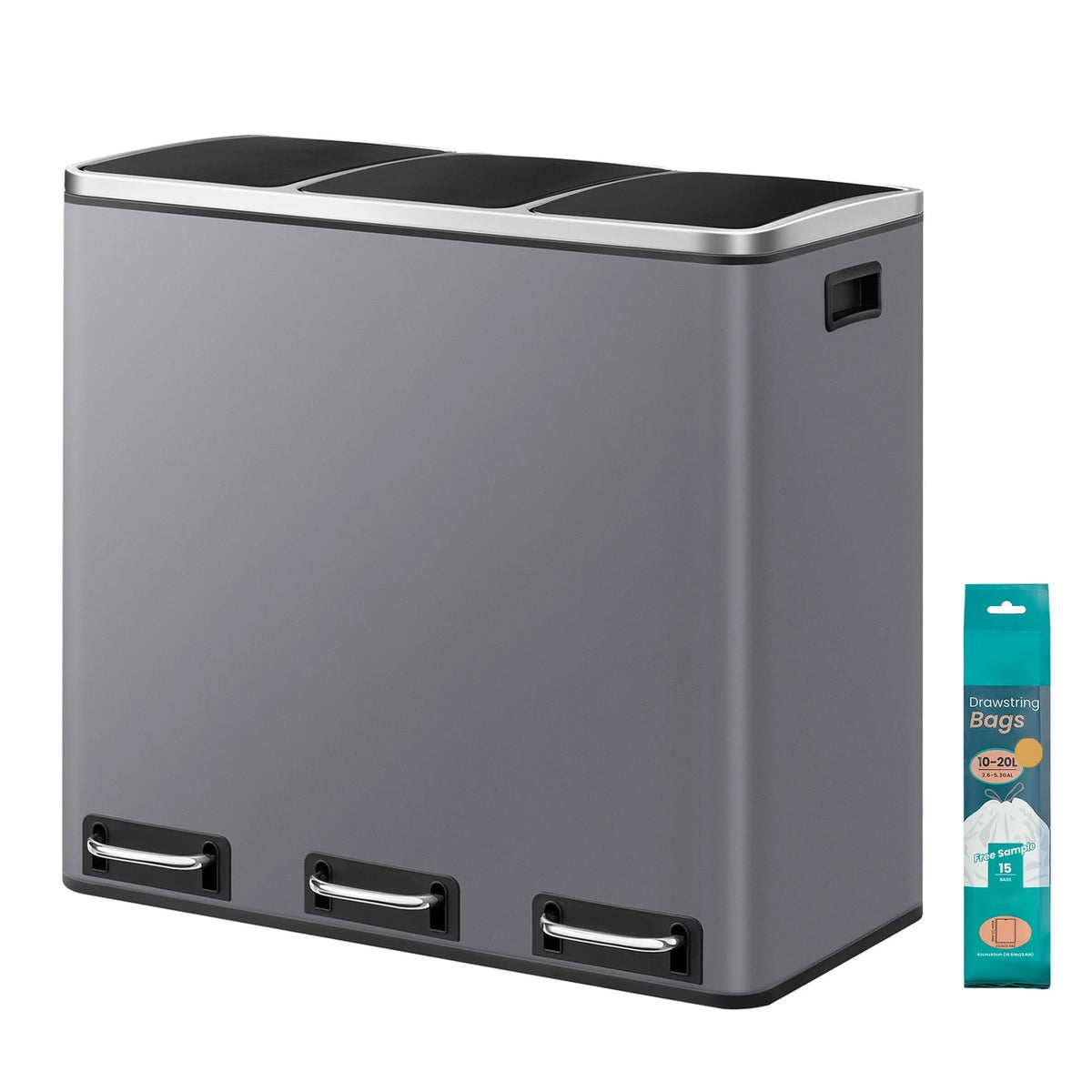Joyfurnos Prullenbak 3-Compartimenten 61x31,5x55,5 cm Grijs Soft-Close RVS Keukenafvalbak