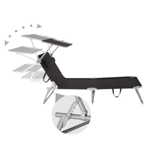 Tectake - Ligstoel - Stalen frame met schuifdak - robuuste, 4-voudig verstelbare rugleuning inclusief kussen - Ideaal voor tuin, zwembad, camping - Zwart