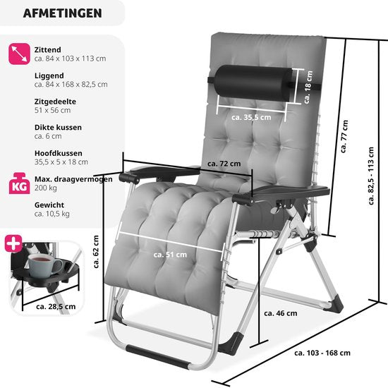 tectake® - ligbed opklapbare ligstoel, tuinligstoel, traploos verstelbaar, buitenfauteuil voor balkon of tuin, ligstoel met extra dik kussen, relaxligstoel belastbaar tot 200 kg (grijs)