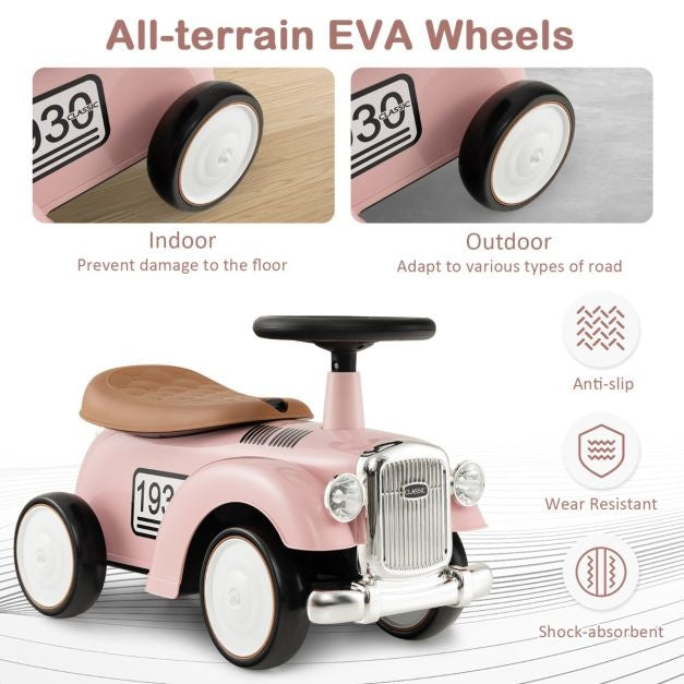 Retro Kinderspeelauto Functioneel Stuur Opbergruimte Onder de Stoel Grote EVA Wielen Loopauto op Vloerhoogte met Leuke Stickers Roze