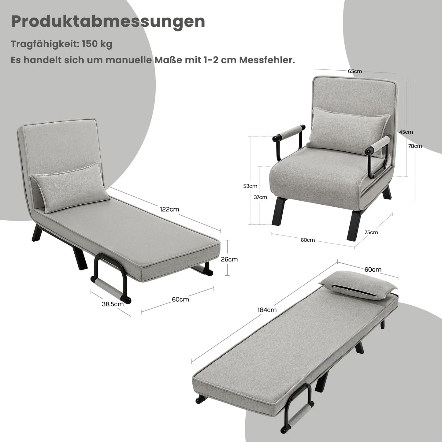 Woltu Slaapfauteuil - 3 In 1 - Verstelbare Rugleuning - Linnen - 65x78x75 cm - Lichtgrijs