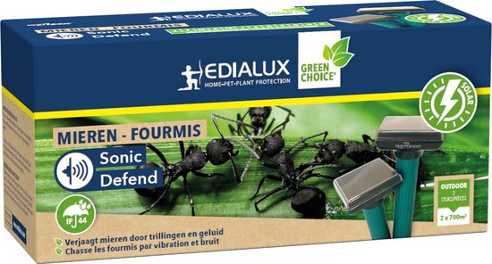 Edialux Sonic Defend Mieren Solar, mierenverjager op zonne-energie, beschermt je tuin met trillingen en geluidssignalen tegen mieren, veilig voor huisdieren en ondergronds levende organismen, max. 800 m²