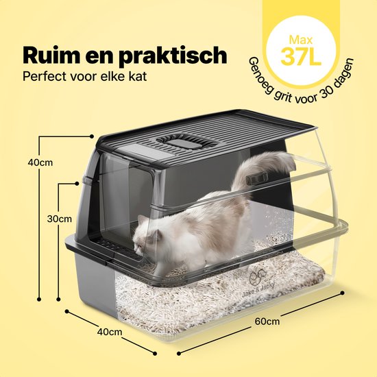 Jake en Jacky RVS Kattenbak - Kattentoilet Roestvrijstaal - Incl. Kattenbakschep met Houder en Gritopvang Opstapje - 2 in 1 Open Kattenbak met Afneembare Deksel - 60x40x38cm - Zwart