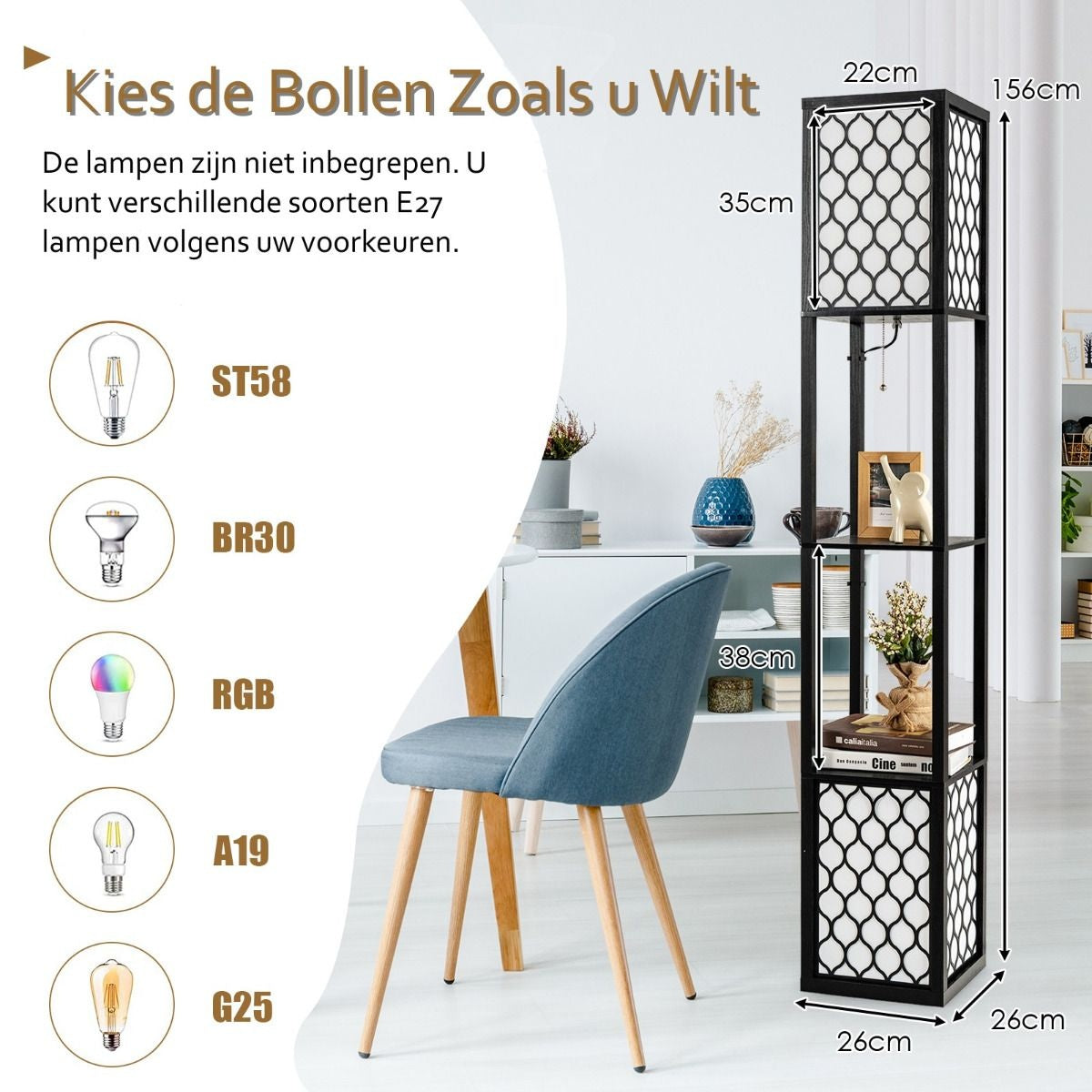 Coast Moderne Vloerlamp met Twee Lagen Houten Plank & Witte Lampenkap - 26 x 26 x 156 cm