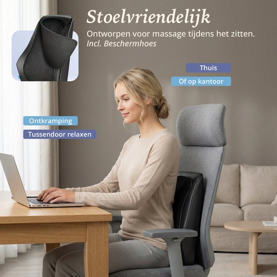 Lifeproducts Massagekussen voor Nek en Rug - Nekmassage Apparaat - Rugmassage - Shiatsu Nek Massage Apparaat met Warmtefunctie en Trilfunctie