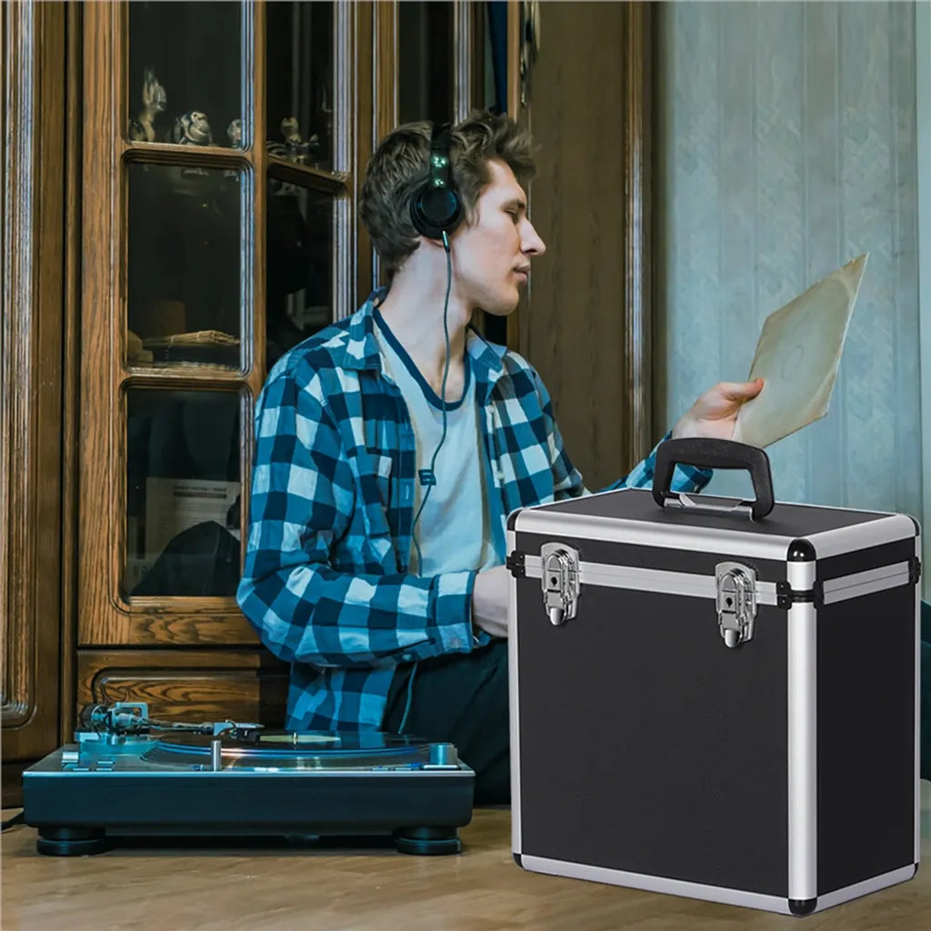 Yaheetech LP Koffer voor 50 Vinylplaten - Zwart - Afsluitbare Platenkoffer met Handgreep