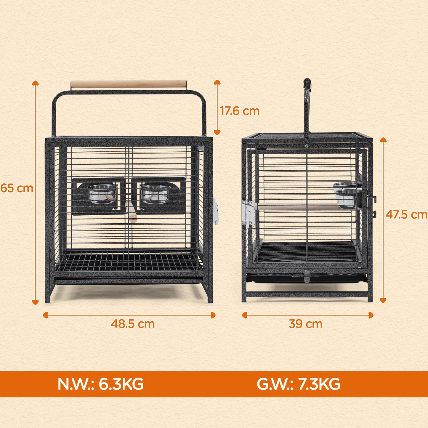 Yaheetech Vogelkooi Met Handgreep – Voorzien Van Houten Zitstokken En Waterafstotende Coating En Afsluitbare Deur – Voor Kanaries En Grasparkieten – Zwart Metaal Kunststof En Hout – 48,5 x 39 x 65 cm