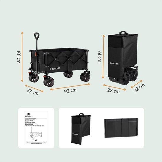 LifeGoods Bolderkar - XL - Opvouwbaar - 200L - 100KG Draagkracht - Zwart