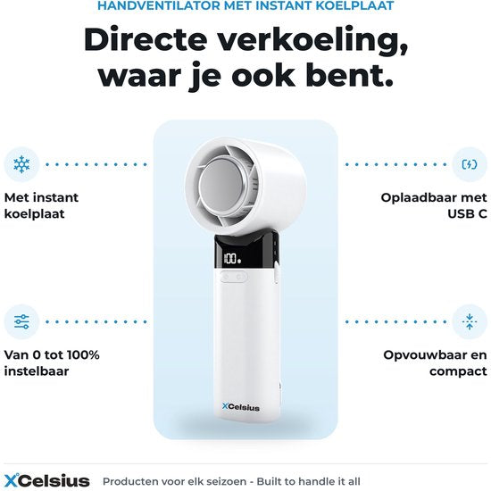 XCelsius® Handventilator - Draagbare Mini Ventilator Opvouwbaar - Oplaadbaar met USB-C - 0% tot 100% traploos instelbaar - Met Instant Koelplaat - Wit