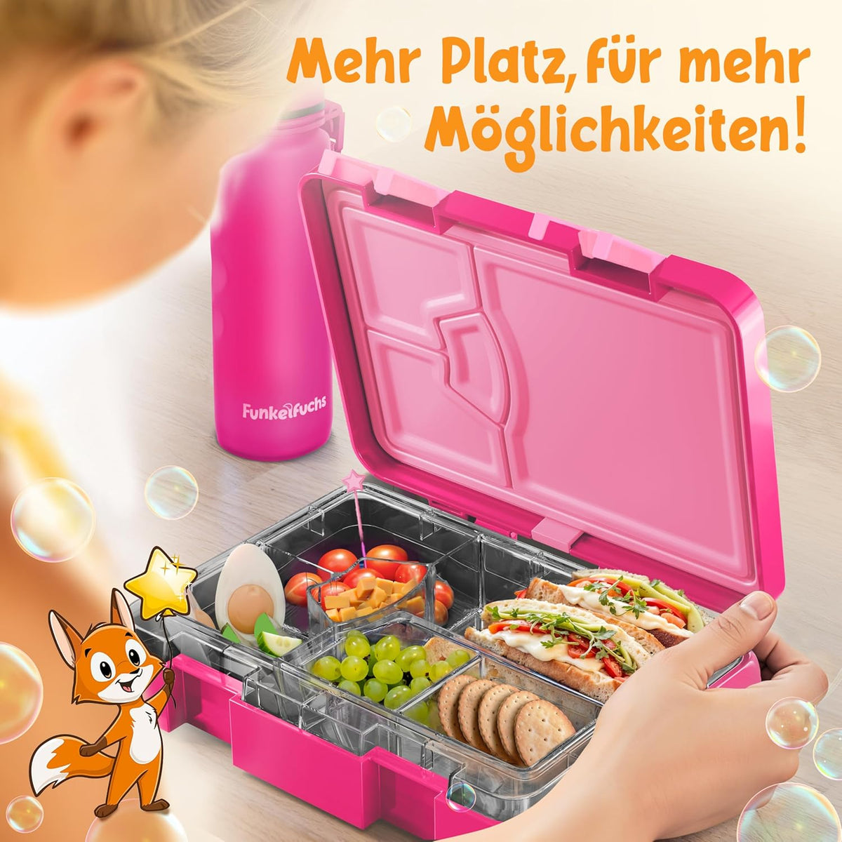 Funkelfuchs® Kinderen Lunchbox met Vakverdeling - 800ml – Roze – Grote Broodtrommel & Snackbox – Lunchbox voor School, Crèche & Kinderdagverblijf