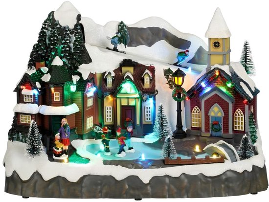 Luville Kerstdorp Miniatuur Dorpsplein - Kerstversiering met Schaatsende Bewoners - Kerst Decoratie met LED-verlichting en Draaiende Figuren - L34 x B18 x H24 cm - Wit