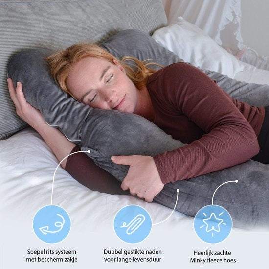EL-Life Zwangerschapskussen XXL U-Vorm - Zijslaapkussen - Lichaamskussen - Voedingskussen - Body Pillow - 140x80cm - Afneembare Minky Fleece Hoes, Grijs