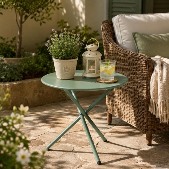 Ambiance Tuin bijzettafeltje - groen - metaal - Dia 48 cm - Hoogte 48 cm - rond - koffietafel