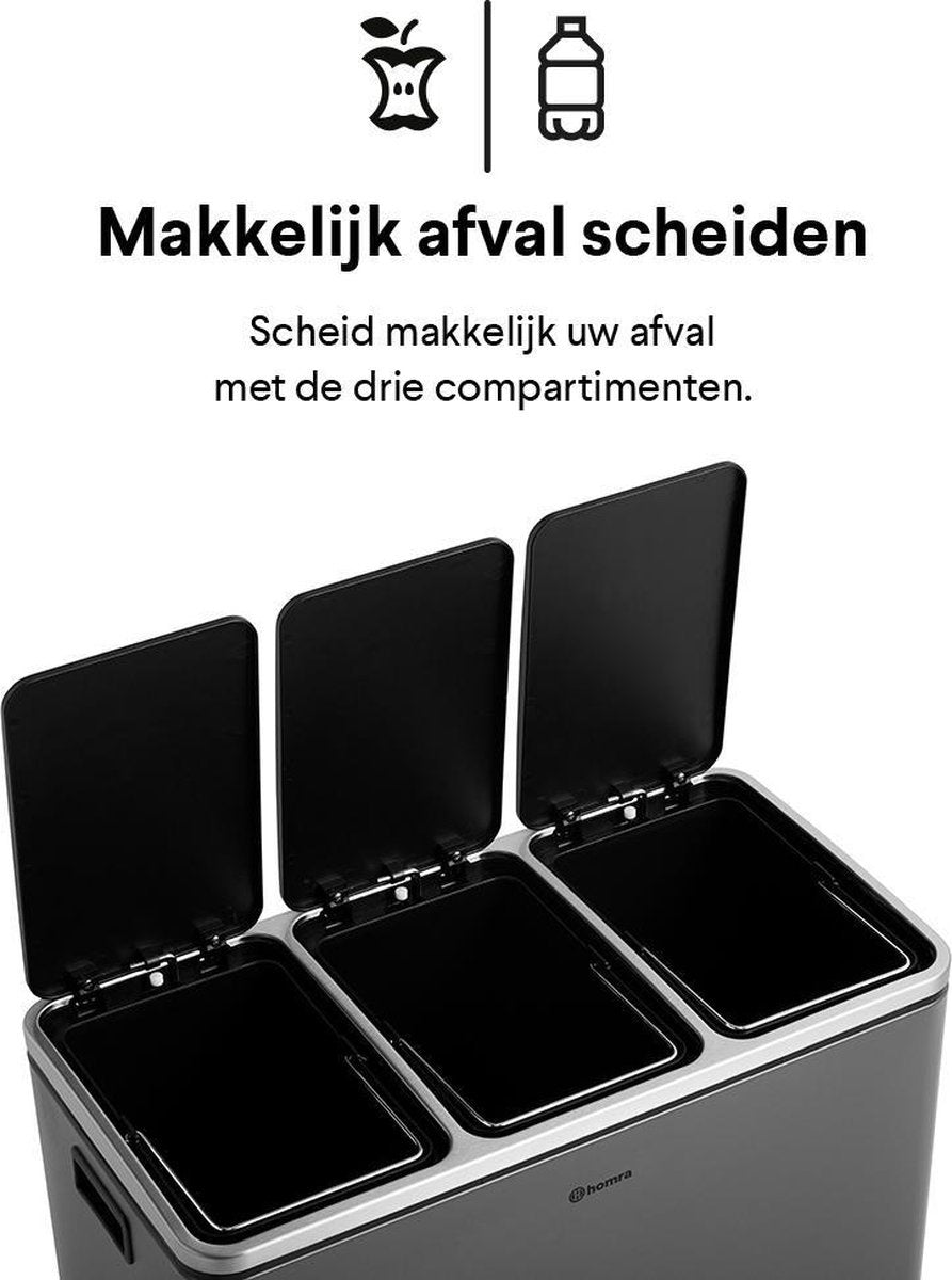 Homra Afvalscheidingsprullenbak – 3 Vakken van 18L – 61,5 x 34,8 x 56,5 cm – Grijs