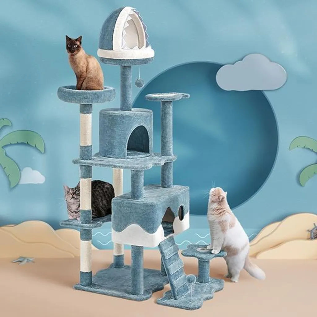 Yaheetech Oceaan Kattenboom 93 x 55 x 184 cm - Blauw/Wit - Krabpaal met Kattenhuizen en Sisalpalen