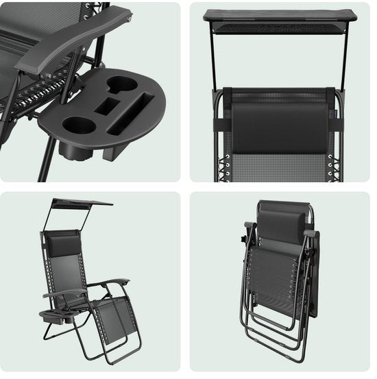 LifeGoods Opvouwbare Tuinstoel - Verstelbaar Zonnescherm - Ligstoel Tuin - 30°-90° Verstelbaar - Metaal - Zwart