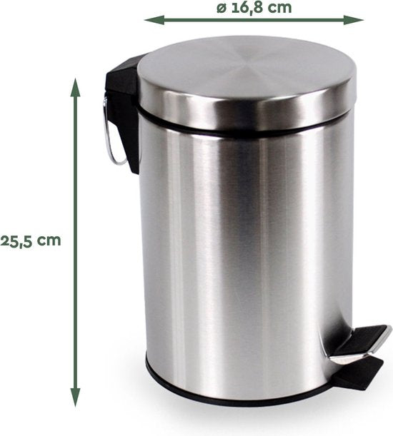 BRASQ Pedaalemmer 3 Liter - RVS - PB103 - Prullenbak met uitneembare Pedaalemmer - Prullenbak - Vuilnisbak - Vuilbak - Afvalbak - Badkamer of toilet