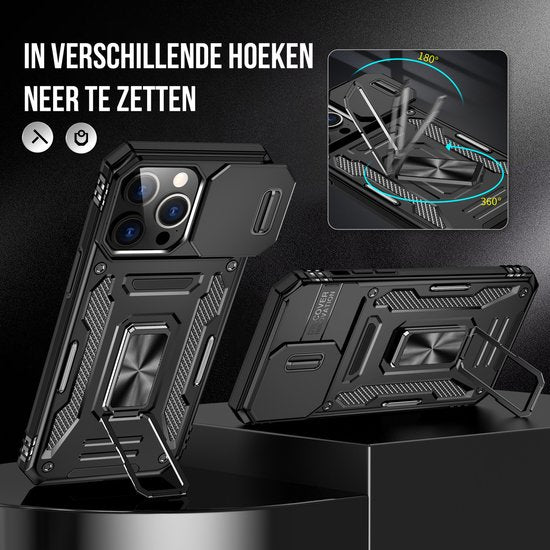 Podec Hoesje geschikt voor iPhone 15 Pro Max Zwart Telefoonhoesje - Anti-Shock Case Cover Hybrid Armor Hoes met Kickstand Ring met Screenprotector